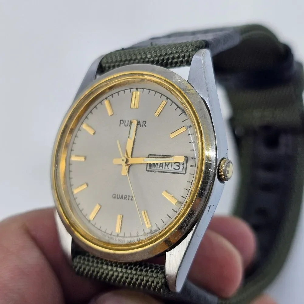 VTG Pulsar Men's Watch 35MM Gray Dial Day Date New Canvas‎ Bands New Battery